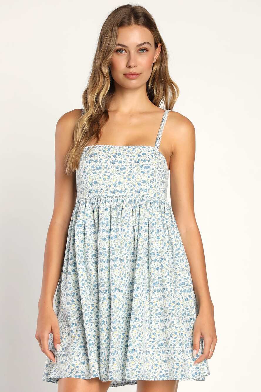 Lulus Always Darling Floral Print Babydoll Dress Mini Light Blue